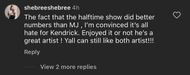 Comment under @theshaderoom where Kevin Durant completely downplayed Kendrick Lamar's performance at the Superbowl LIX Halftime Show. (Image via Instagram/@theshaderoom)